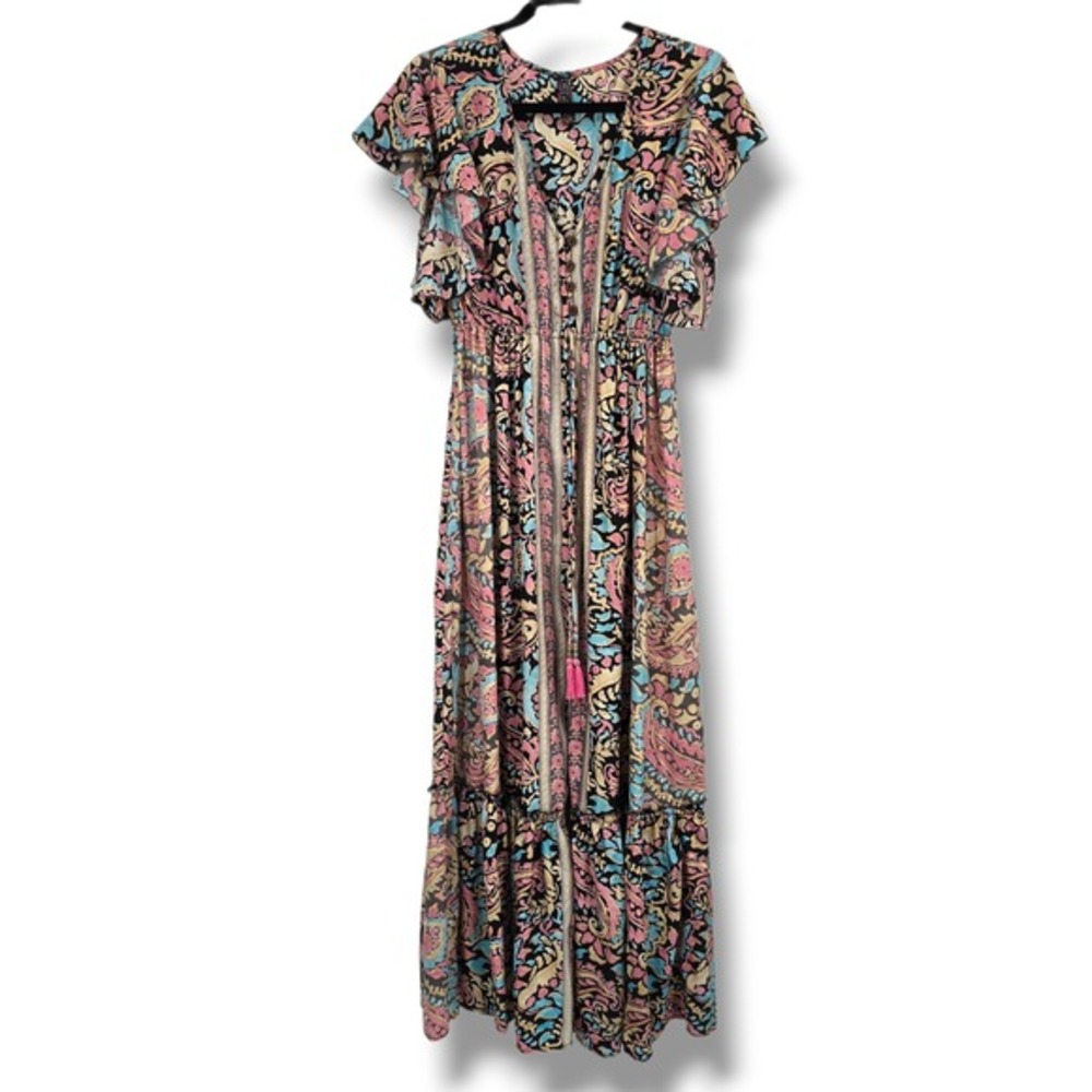 Me 2‎ Magic Womens Paisley Boho Maxi Dress Pink Blue Flutter Sleeve Small